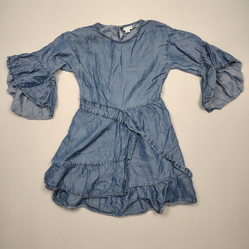 Habitual Dress Girls 7/8 Blue Bell Sleeve Ruffle Lyocell Denim Look Solid